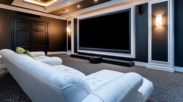 A home theater with a large flat screen tv and a white couch.