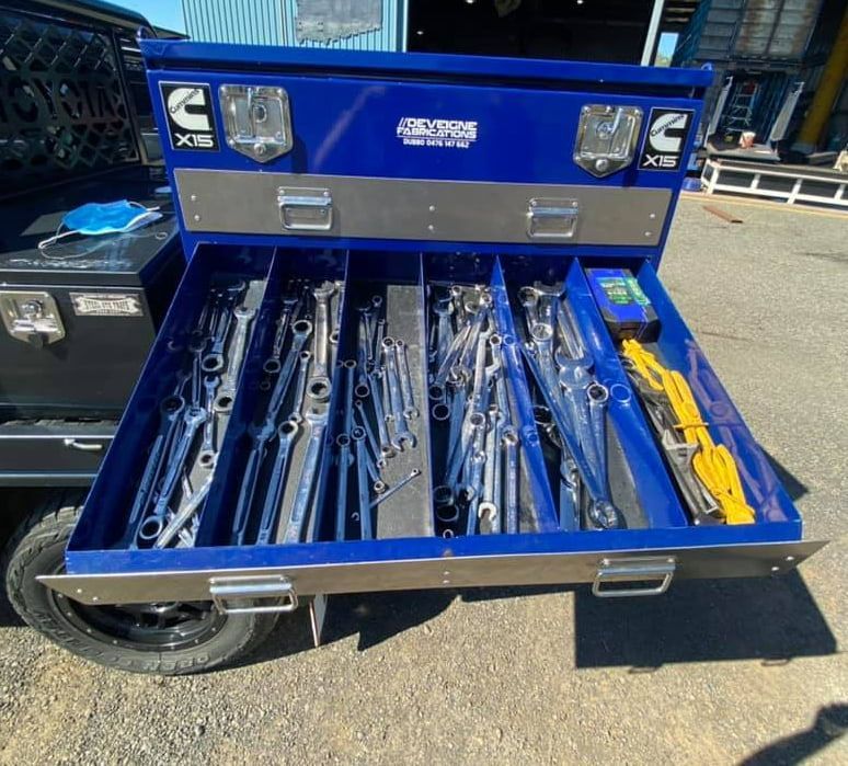A Blue Toolbox With a Lot of Tools in It — Deveigne Fabrications In Brocklehurst, NSW