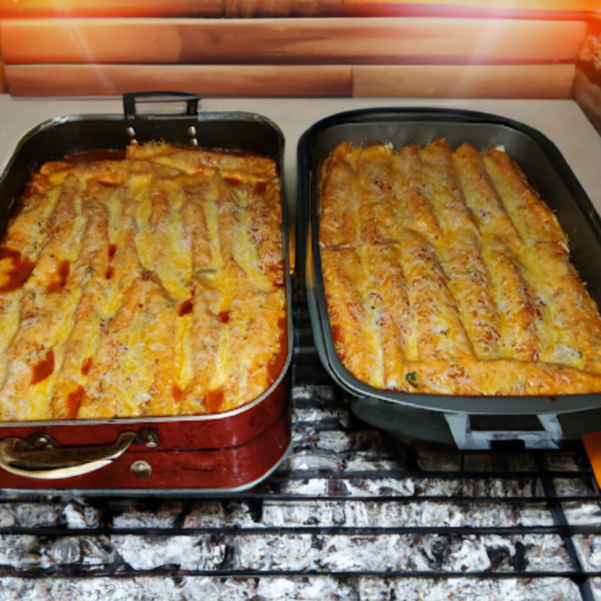 Two pans of food are cooking on a stove top