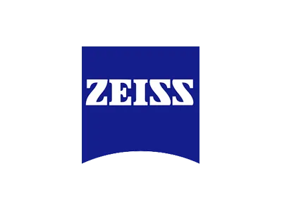 Un logo blu e bianco per Zeiss su uno sfondo bianco