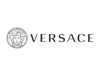 Un logo in bianco e nero per Versace con una testa di medusa.