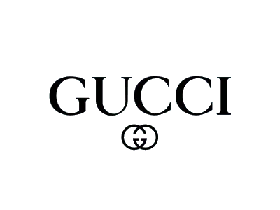 Un logo in bianco e nero per Gucci su uno sfondo bianco.