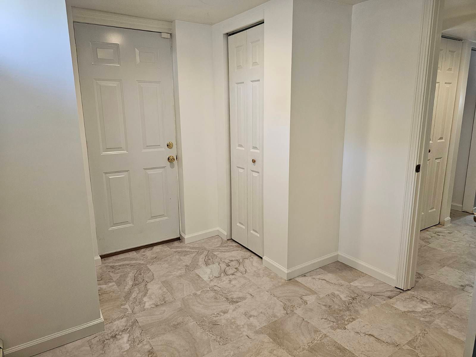 A hallway with a door and a closet in a house.