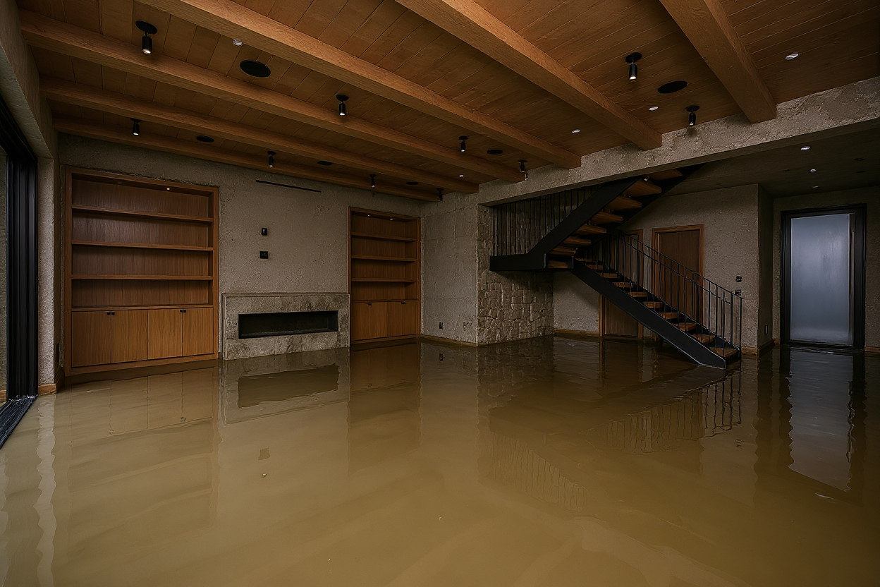 Flooded interior, possibly a living room. Water covers the floor, wood ceiling, stone walls, and a staircase.