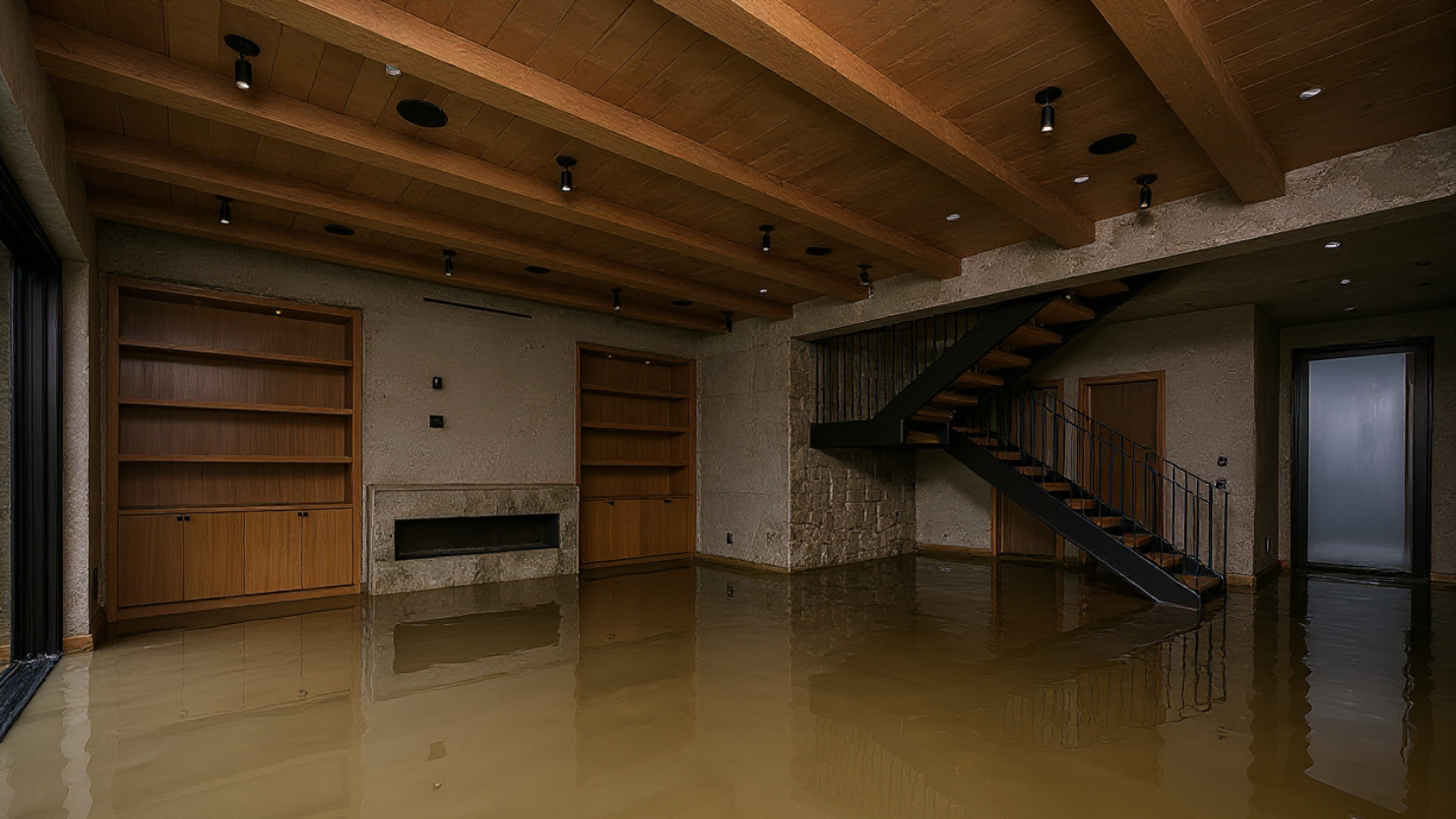 Room flooded with murky water. Wooden ceiling beams, built-in shelves, and a staircase.