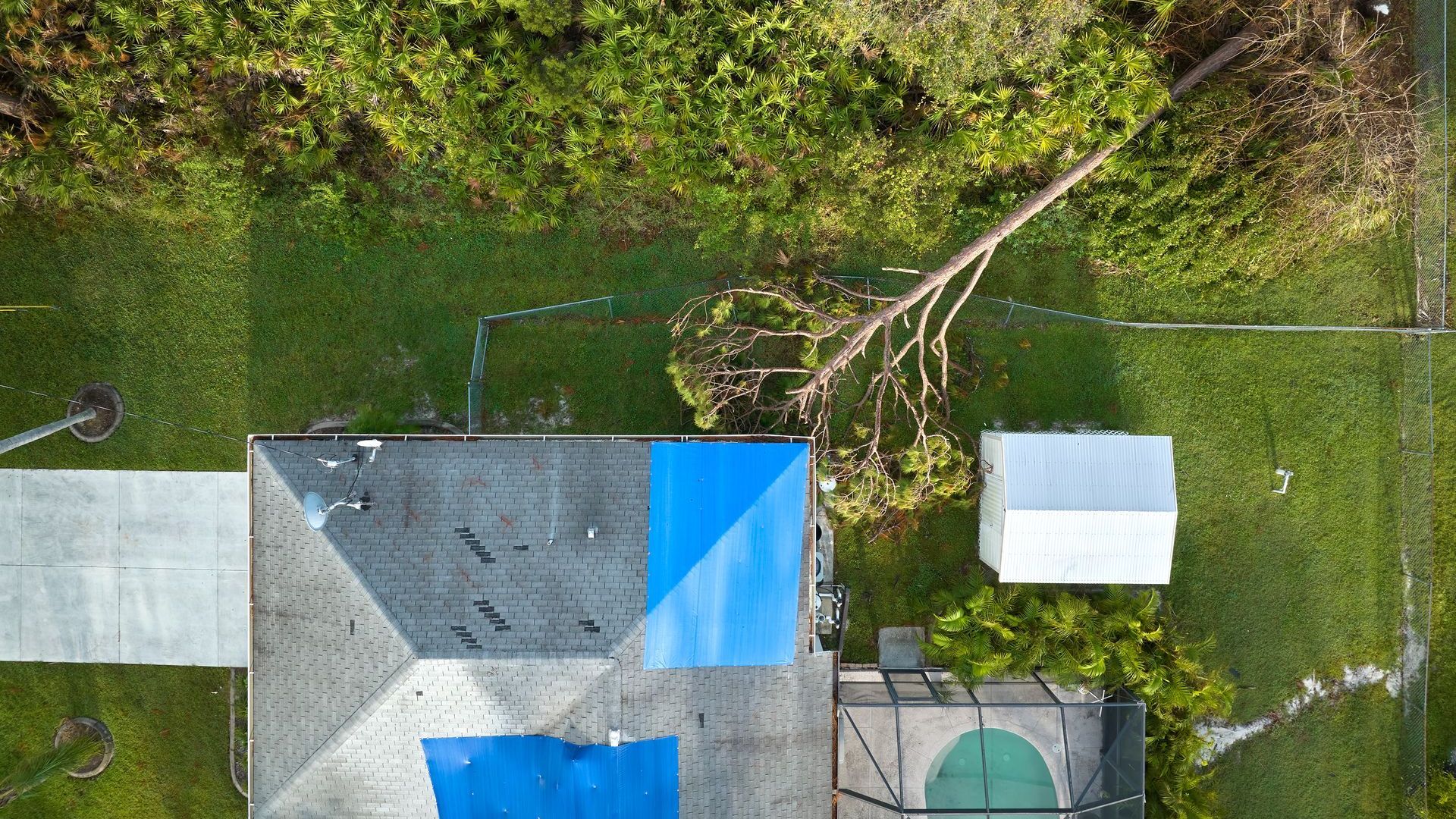 An aerial view of a house with a tree fallen on the roof.