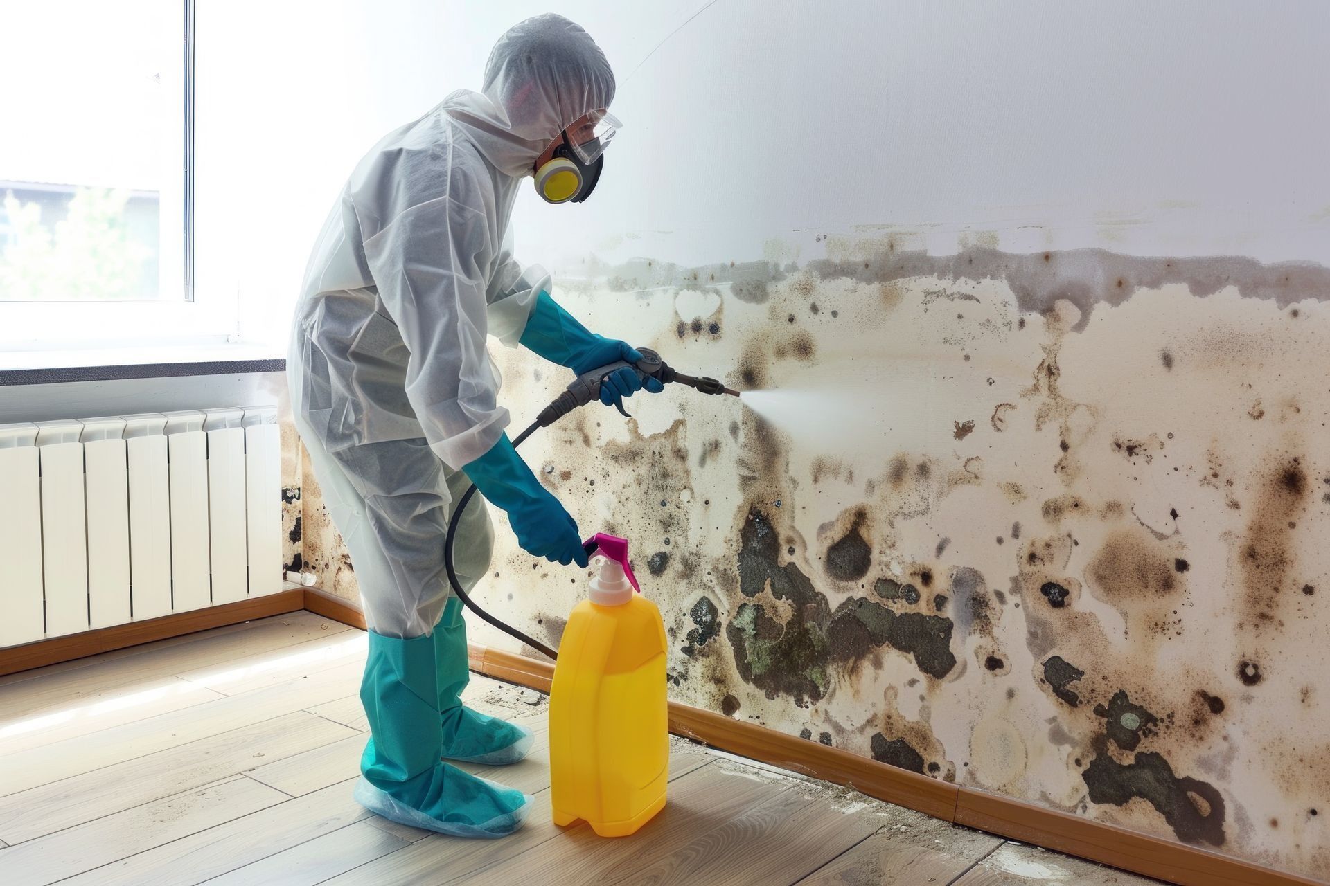 A person in protective gear and a respirator sprays a cleaning solution onto a wall heavily stained with black mold.