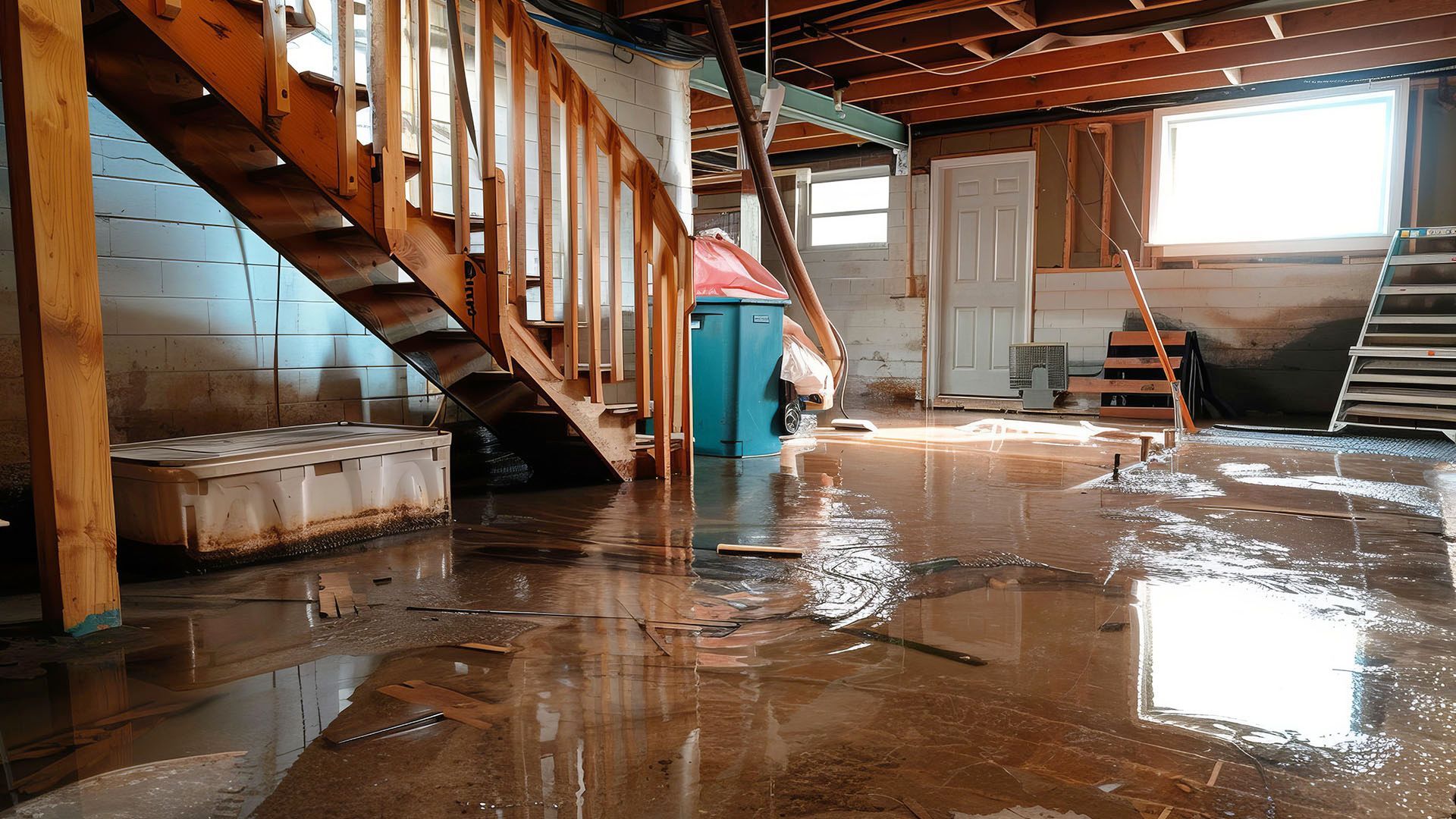 Flooded basement with stairs, boxes, and a trash can. Water reflects the room's fixtures and the ceiling.