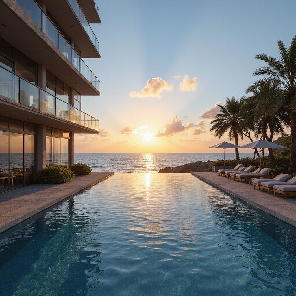 Infinity pool overlooking the ocean at sunset with a modern building and palm trees.
