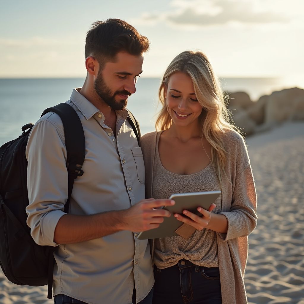 Couple looking at tablet on a beach. Man has backpack. Woman smiles. Ocean and rocks in background.