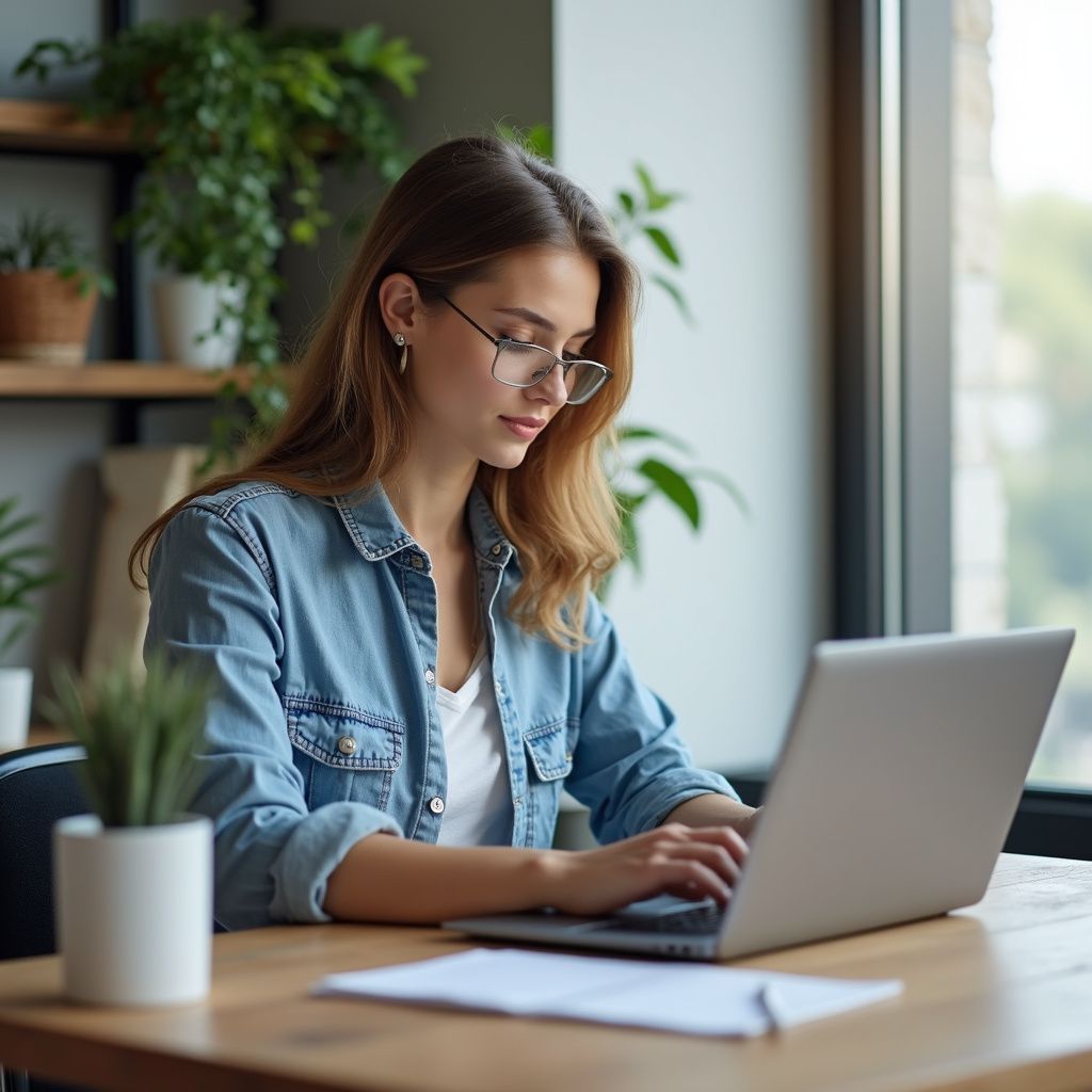 Woman with glasses typing on laptop at wooden table near window.