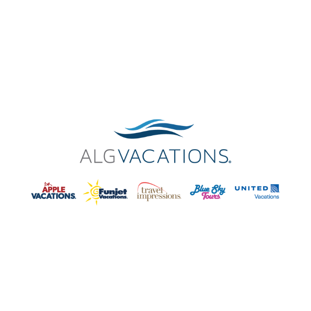ALG Vacations logo with partner brands: Apple, Funjet, Travel Impressions, Blue Sky Tours, and United Vacations.