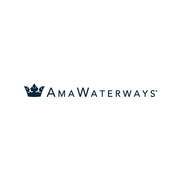Logo for AmaWaterways river cruises, featuring a crown icon and the company name in a dark teal color.