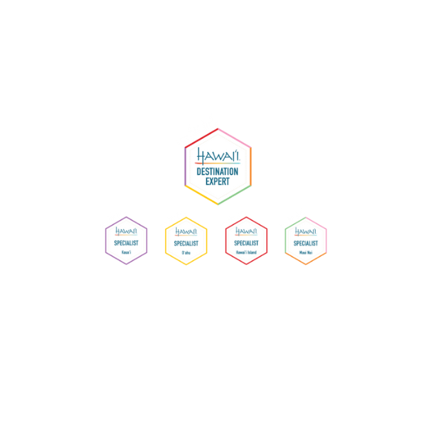 Logos: Hawaii Destination Expert with hexagon badges for Travel, Italy, Ireland, and Bay Area specialists.
