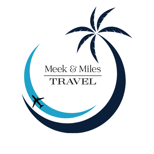 Logo of Meek & Miles Travel: palm tree and crescent design, with a plane. Gold and navy blue colors.
