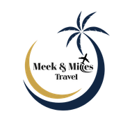 Logo for Meek & Miles Travel: Blue text, gold sunburst, and a flying bird.