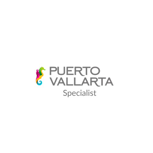 Puerto Vallarta Specialist logo with a colorful seahorse and grey text.