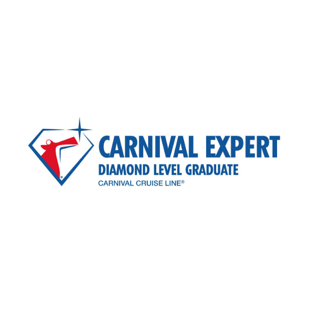 Carnival Expert Diamond Level Graduate logo, blue text with diamond-shaped graphic, red and white, on white background.