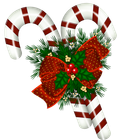 Two candy canes decorated with a red bow, pine needles, and berries.