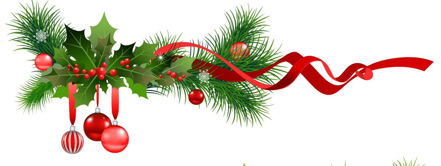 Christmas garland with green leaves, red berries, ornaments, and ribbon.