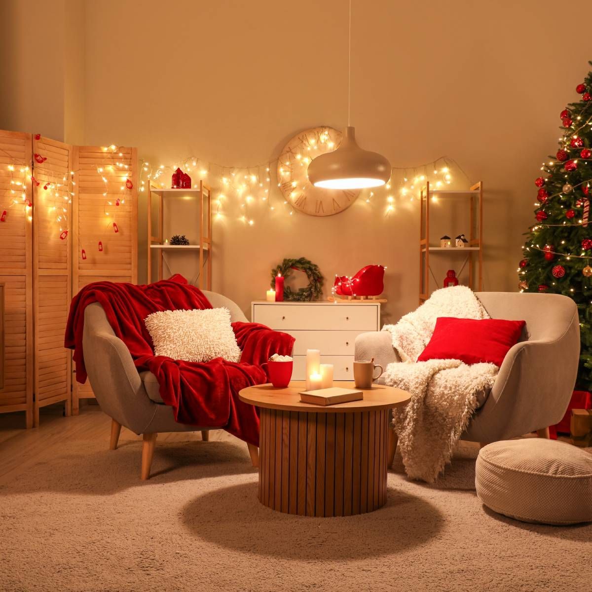 Cozy Christmas living room with chairs, tree, lights, and a small coffee table. Red and white accents throughout.
