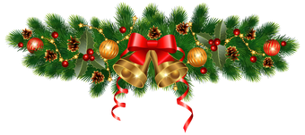 Christmas garland with red bow, gold bells, and ornaments on green foliage.