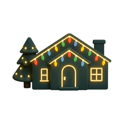 Christmas-decorated house with string lights and a tree. Green and yellow.