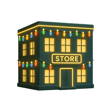 3D illustration of a dark green store with glowing lights and 