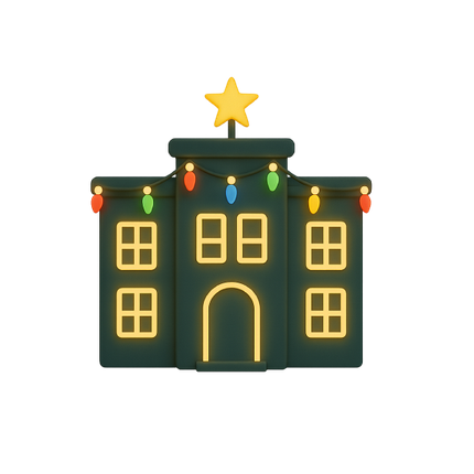 Green building decorated for Christmas with lights and a star.