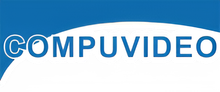 Un banner azul con la palabra blanca "COMPUVIDEO" en una fuente sans-serif en negrita, centrado sobre un fondo blanco curvado.