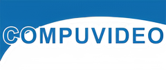Un banner azul con la palabra blanca "COMPUVIDEO" en una fuente sans-serif en negrita, centrado sobre un fondo blanco curvado.
