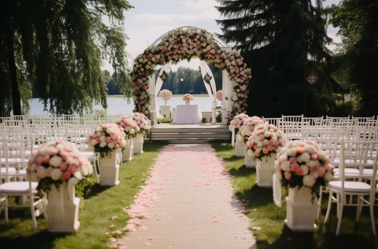 A bride and groom are kissing on a wooden dance floor in a large room.