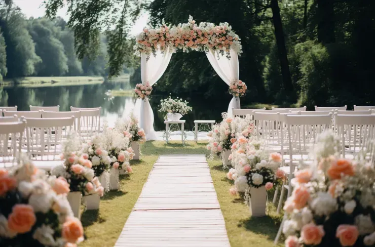 A wedding ceremony is being held in a park with flowers and chairs.