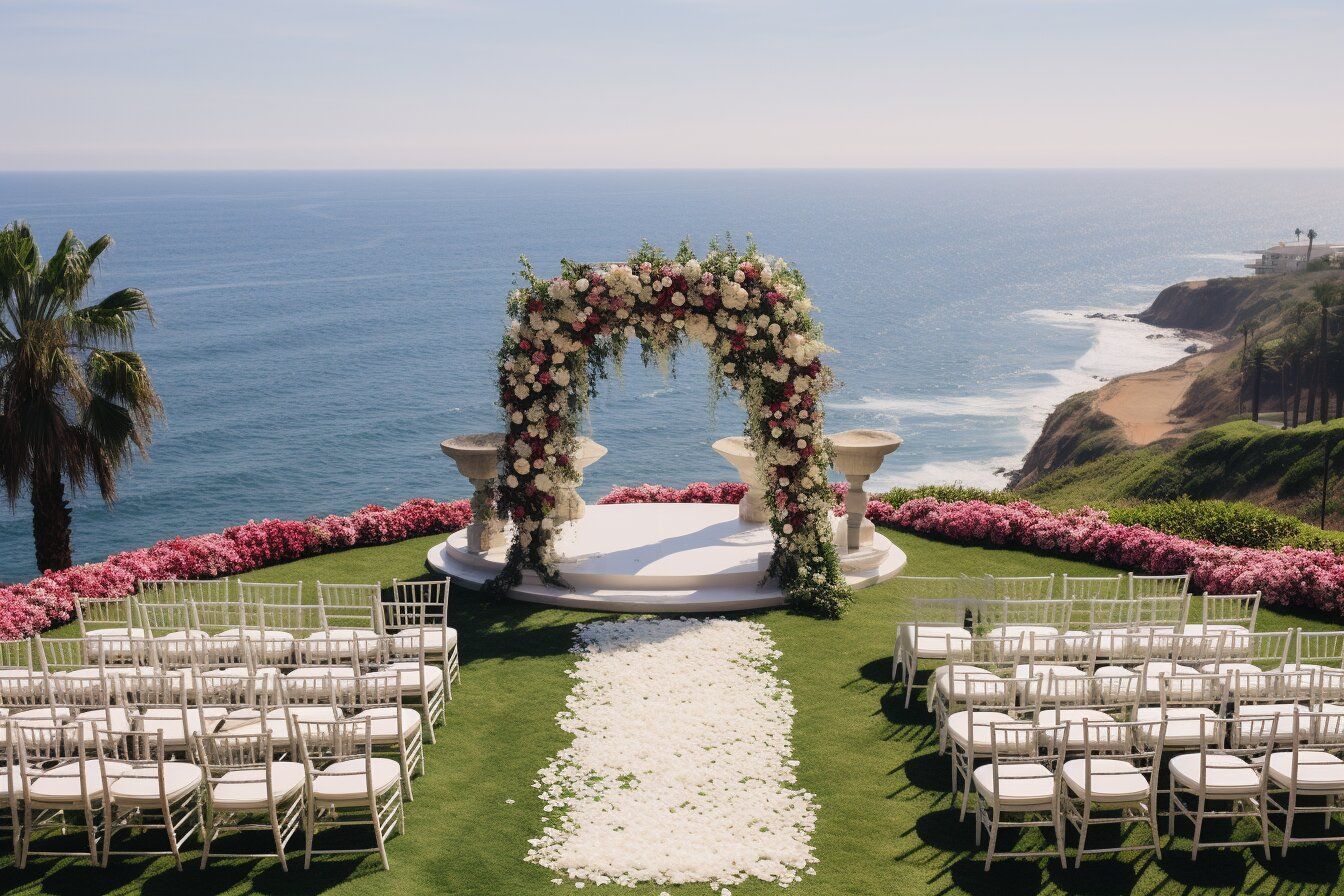 A wedding ceremony is taking place on a cliff overlooking the ocean