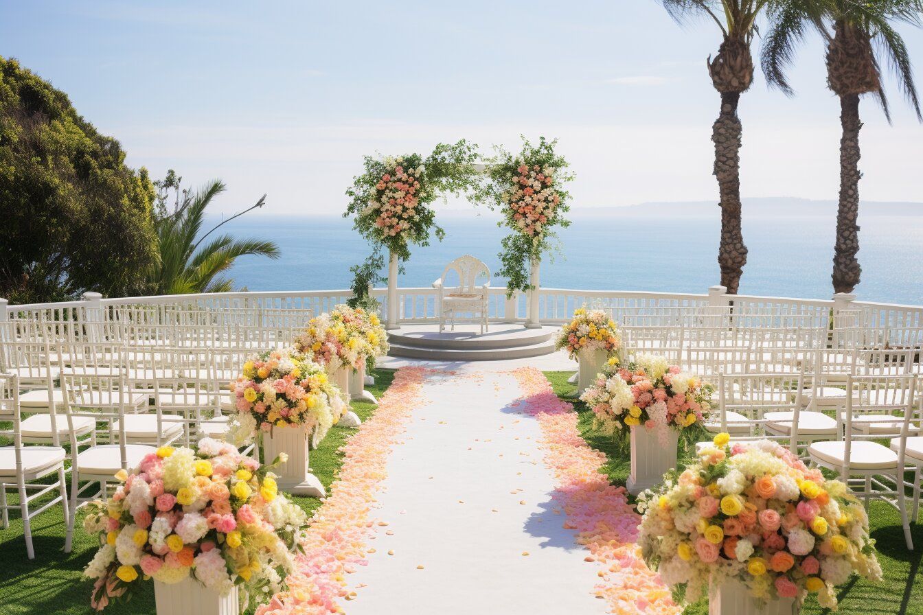 A wedding ceremony is taking place in front of the ocean.
