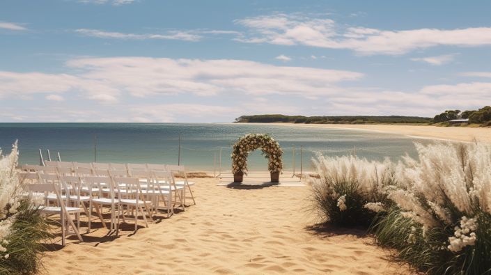 A blurred image of a beach with a city in the background.