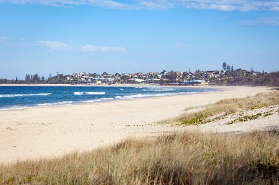 A blurred image of a beach with a city in the background.