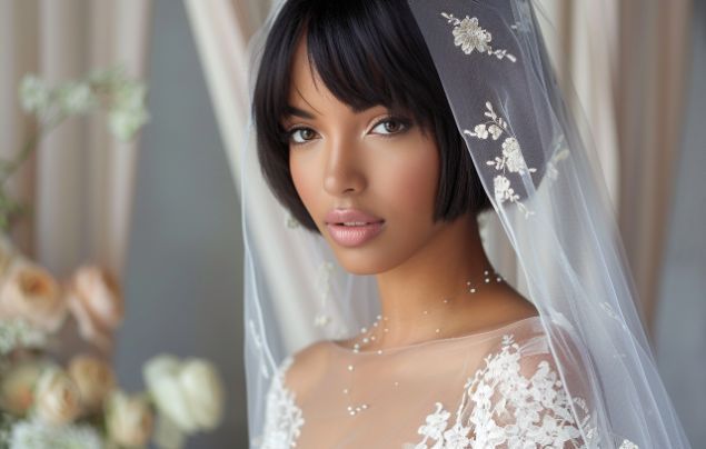 A woman in a wedding dress and veil is looking at the camera.