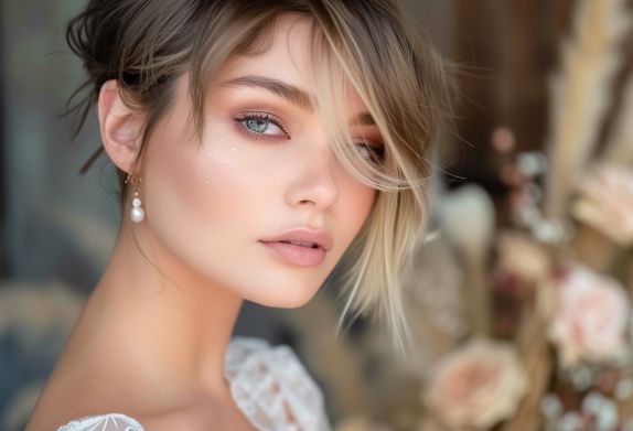 A close up of a woman 's face with flowers in the background.