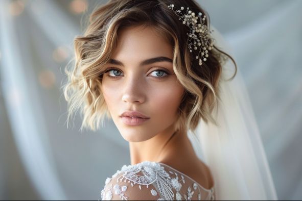 A close up of a woman wearing a wedding dress and veil.