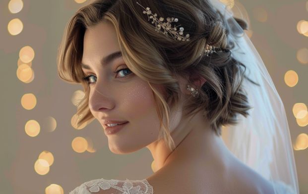 A woman in a wedding dress with a veil on her head.