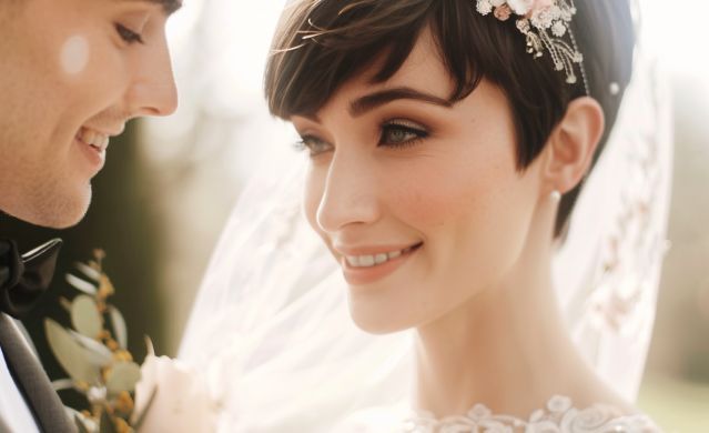 A close up of a bride and groom looking at each other on their wedding day.