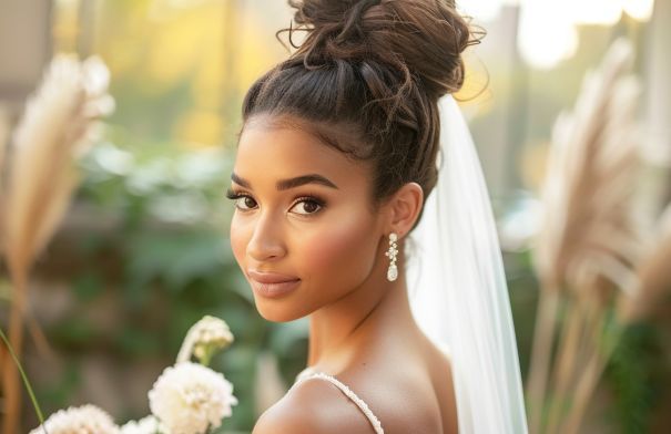 The bride is wearing a veil and holding a bouquet of flowers.