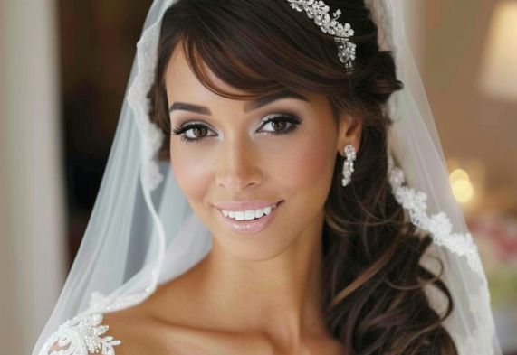 The bride is wearing a veil and earrings and smiling.