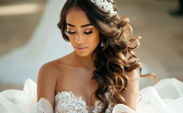 A woman in a wedding dress is wearing a tiara on her head.