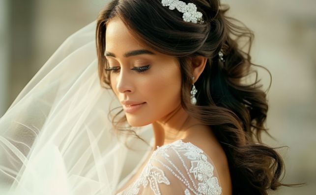 A woman in a wedding dress and veil is looking down.