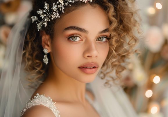 A close up of a bride wearing a veil and earrings.