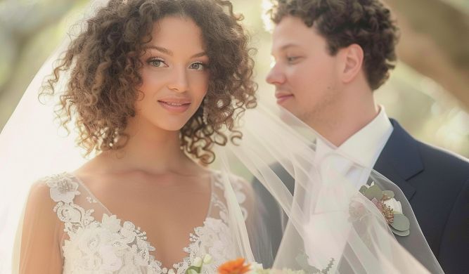 A bride and groom are posing for a picture on their wedding day.