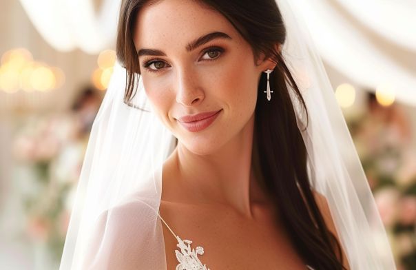 A close up of a bride wearing a veil and earrings.