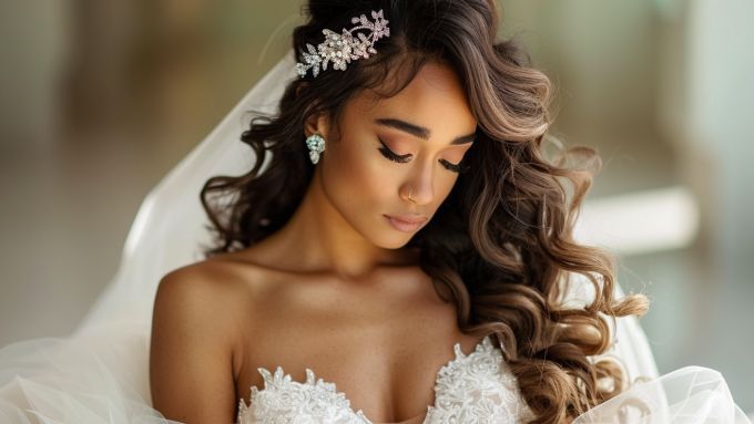 A woman in a wedding dress and veil is looking down.